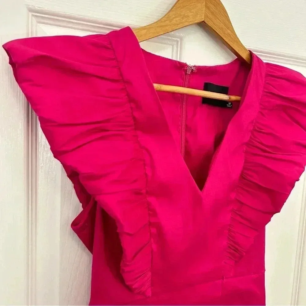 Do + Be • Hot Pink Mini Fitted Cocktail V Neck Ruffle Party Dress Sz M - Picture 2 of 10
